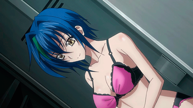1girl animated animated_gif blue_hair bra breasts high_school_dxd panties short_hair smile solo standing underwear xenovia_(high_school_dxd) yellow_eyes
