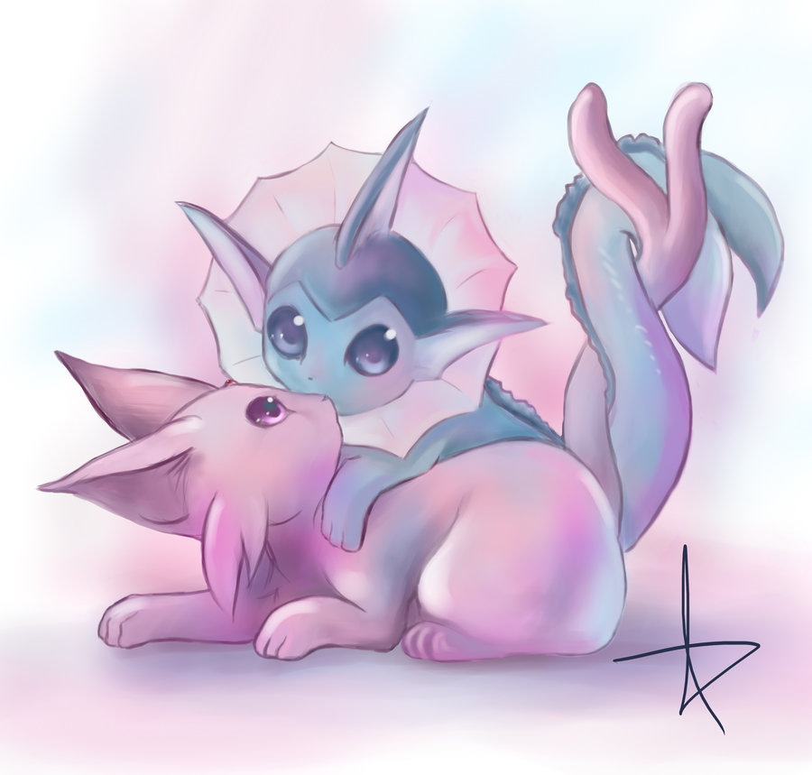 cuddling espeon fins forked_tail gen_1_pokemon gen_2_pokemon kenneos looking_at_another no_humans pink_eyes pointy_ears pokemon pokemon_(creature) signature tail tail_fin vaporeon