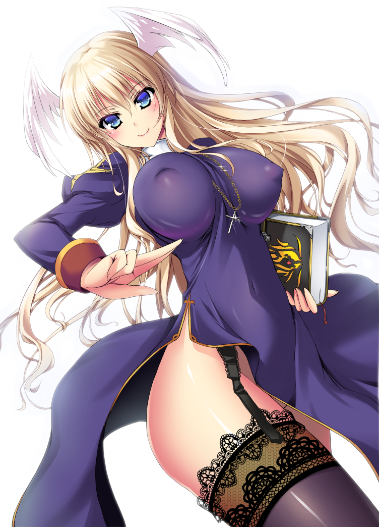 ayuhara_hiiro bad_id bad_pixiv_id black_legwear blonde_hair blue_eyes book breasts commentary_request covered_nipples garter_straps head_wings lace lace-trimmed_thighhighs large_breasts long_hair looking_at_viewer no_panties priest priest_(ragnarok_online) ragnarok_online revision side_slit smile solo thighhighs