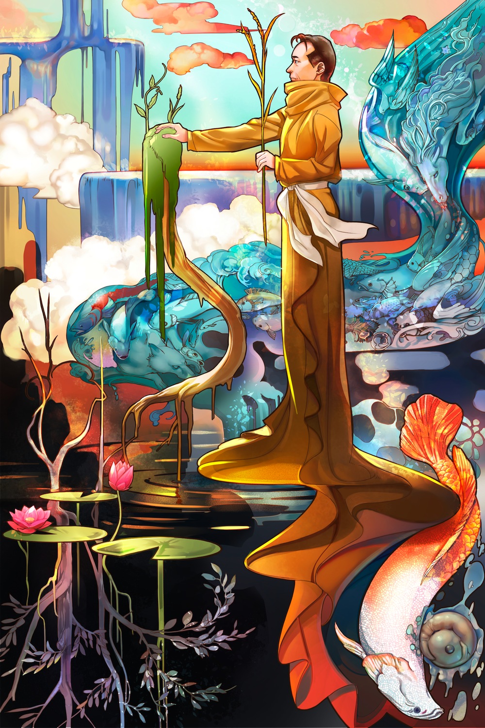 bird black_eyes black_hair blurry carp cloud clown0248 depth_of_field embryo expressionless facing_away fish flower from_side highres hirasawa_susumu holding horse koi lake lily_pad looking_afar lotus male_focus moss oversized_clothes plant real_life robe roots solo standing standing_on_liquid stream submerged surreal water waterfall wheat wolf