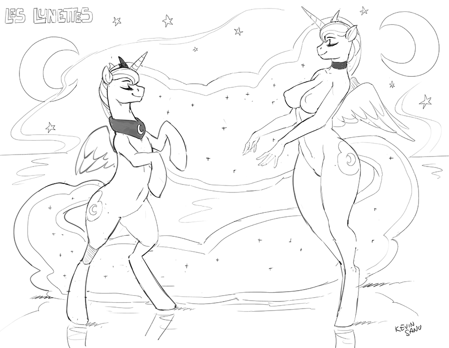 2015 anthro anthrofied breasts crown cutie_mark duo equine female feral friendship_is_magic horn kevinsano mammal monochrome moon my_little_pony necklace night nipples nude princess_luna_(mlp) standing star winged_unicorn wings