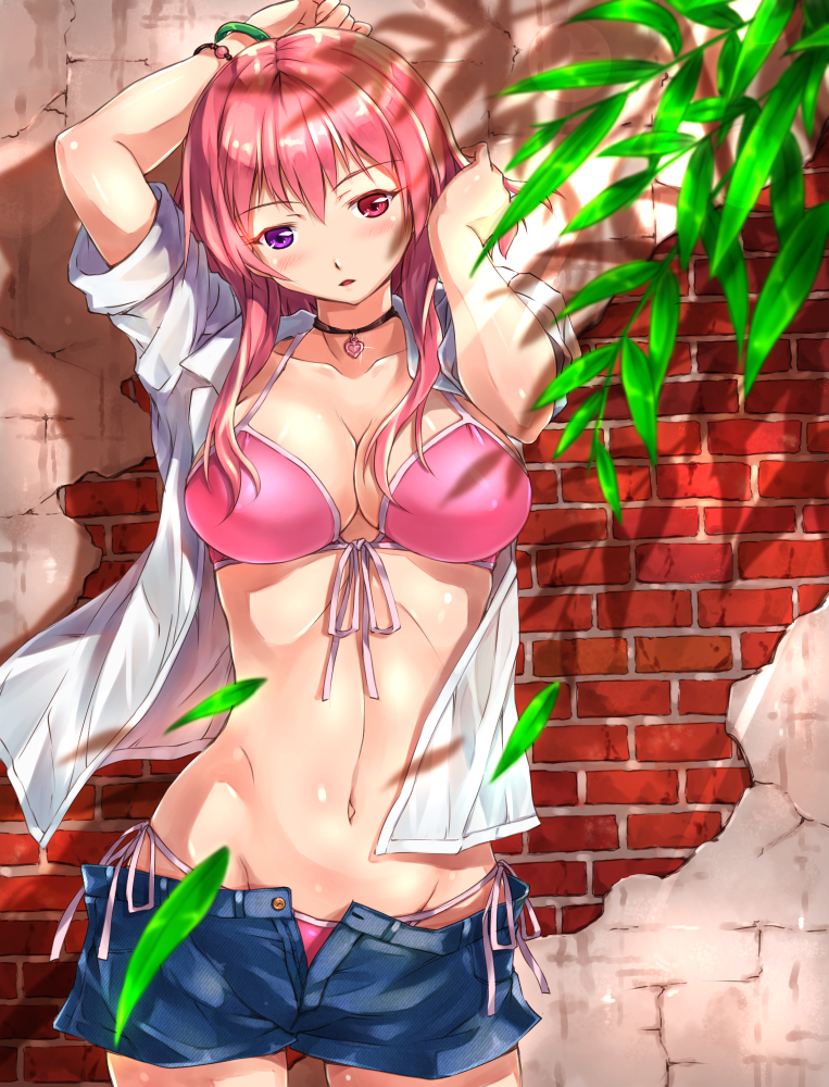 adjusting_hair arms_up bangle bangs bikini bikini_under_clothes blush bracelet breasts brick_wall choker cleavage collarbone commentary cowboy_shot denim denim_shorts follen_(639594) front-tie_bikini front-tie_top heterochromia jewelry large_breasts leaf long_hair looking_at_viewer navel necklace open_clothes open_fly open_shirt open_shorts original outdoors parted_lips pendant pink_bikini pink_eyes pink_hair purple_eyes shadow shirt short_shorts shorts side-tie_bikini sleeves_rolled_up solo standing stomach stucco swimsuit swimsuit_under_clothes unzipped wall white_shirt