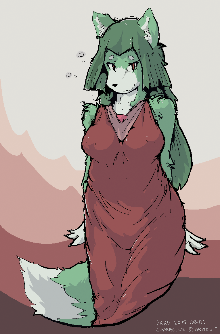 1girl copyright_request dog erect_nipples furry green_hair long_hair paru simple_background solo