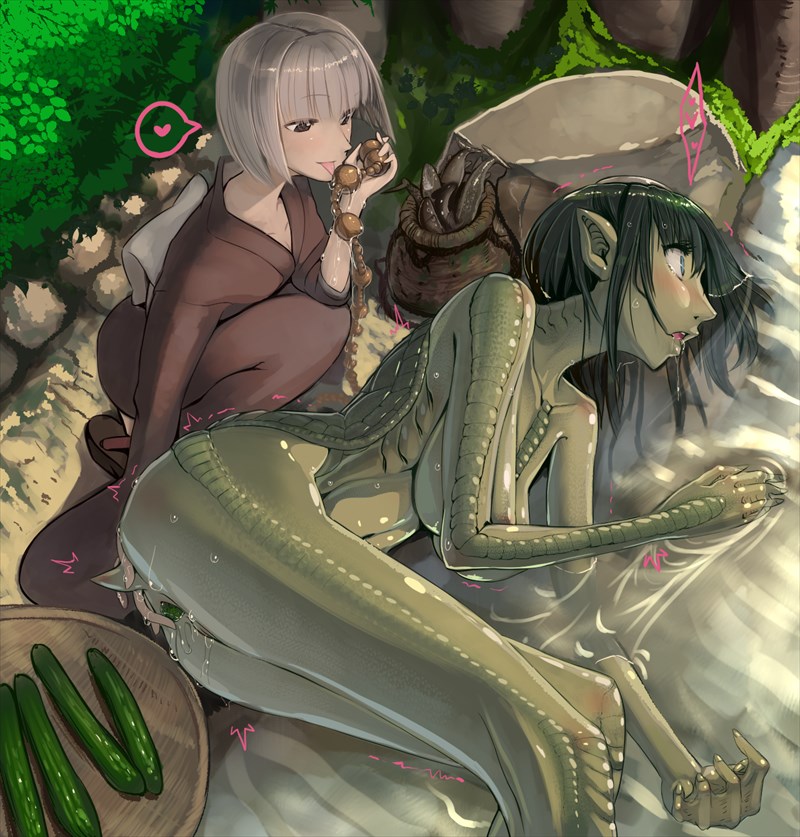 2girls anal_beads blue_eyes blush breasts brown_eyes cucumber fish food food_insertion green_hair green_skin grey_hair heart jajala japanese_clothes kappa kimono licking lying medium_breasts monster_girl multiple_girls object_insertion on_side open_mouth original pointy_ears river spoken_heart tongue tongue_out trembling turtle_shell vaginal vaginal_object_insertion vaginal_object_push water webbed_hands wide-eyed yuri