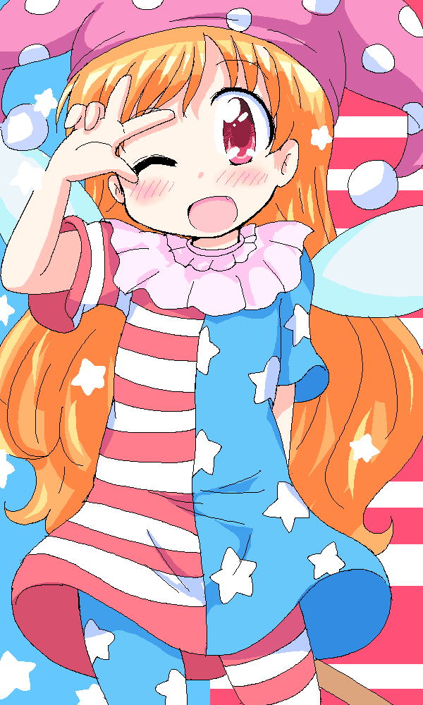 ;d american_flag_dress american_flag_legwear blonde_hair blush clownpiece commentary fairy_wings fang geetsu hat jester_cap long_hair looking_at_viewer mspaint one_eye_closed open_mouth pantyhose smile solo touhou v_over_eye w wavy_hair wings