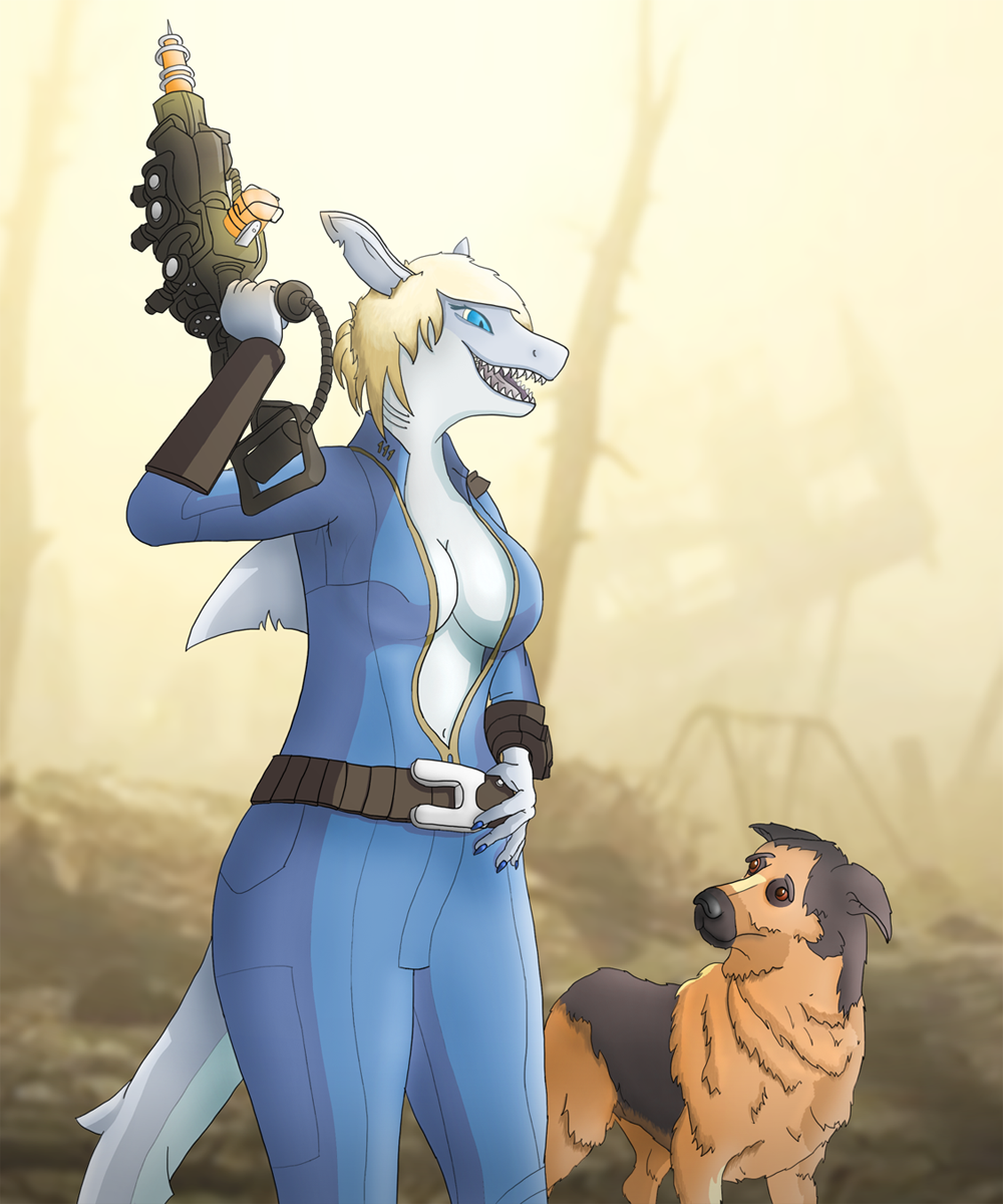 anthro blue_eyes canine cleavage clothed clothing coolguy205 dog fallout fallout_4 female fish gun hair mammal marine open_mouth ranged_weapon shark sharp_teeth teeth tongue video_games weapon wide_hips