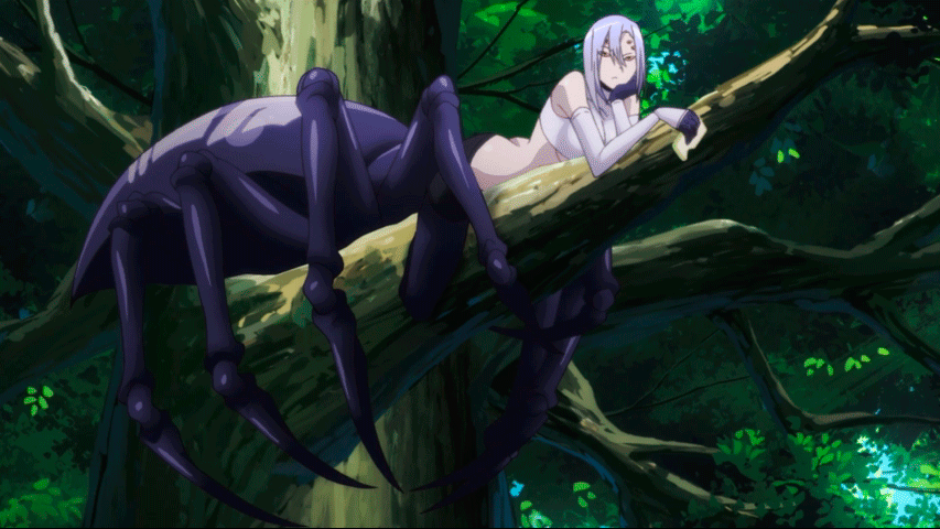 1girl animated animated_gif breasts female food large_breasts lying monster_girl monster_musume_no_iru_nichijou rachnera_arachnera red_eyes sandwich short_hair solo spider_girl tree