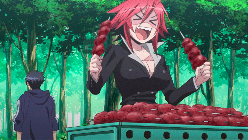 1boy 1girl animated animated_gif breasts business_suit cleavage eating eyes_closed forest kurusu_kimihito large_breasts meat monster_girl monster_musume_no_iru_nichijou nature red_hair scar short_hair smile tree zombina