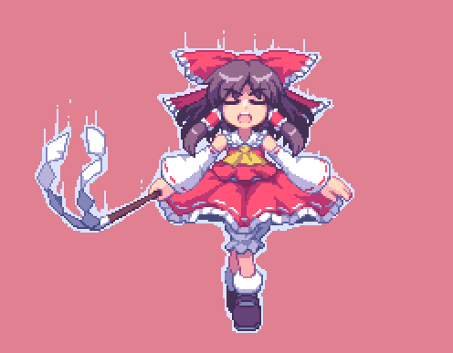 bad_id bad_pixiv_id bow brown_hair detached_sleeves gohei hakurei_reimu kou_2008 lowres pixel_art short_hair simple_background solo touhou