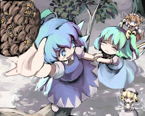 beehive blonde_hair blue_hair bread cirno daiyousei drill_hair food from_above gatau green_hair hornet luna_child multiple_girls side_ponytail sunny_milk touhou tree wings