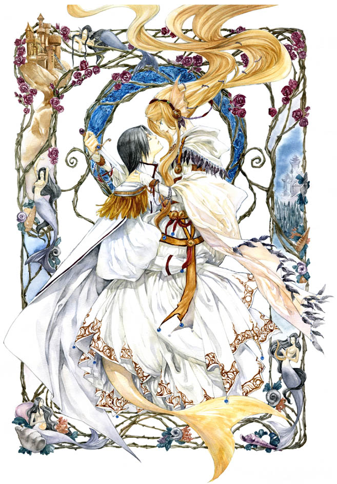 1girl art_nouveau black_hair blonde_hair castle closed_eyes couple dagger dress eye_contact face-to-face fengjing flower framed gown head_fins hetero holding long_hair looking_at_another mermaid monster_girl original plant princess rose shawl short_hair tail thorns very_long_hair vines water weapon white_dress