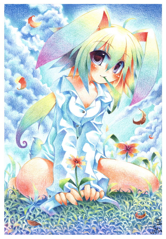 ahoge animal_ears blush bunny_ears bunny_tail cloud copyright_request emperpep flower gradient gradient_hair multicolored_hair purple_eyes solo tail traditional_media watercolor_(medium)
