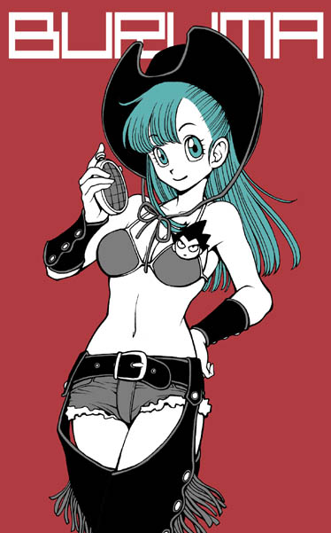 armband bangs bikini_top blue_eyes blue_hair bulma chaps character_print closed_mouth cowboy_hat cowboy_shot dragon_ball dragon_ball_z dragon_radar fringe_trim half_updo hand_on_hip hat holding k-haruka legs_together long_hair looking_at_viewer navel red_background shorts simple_background smile solo stomach vegeta