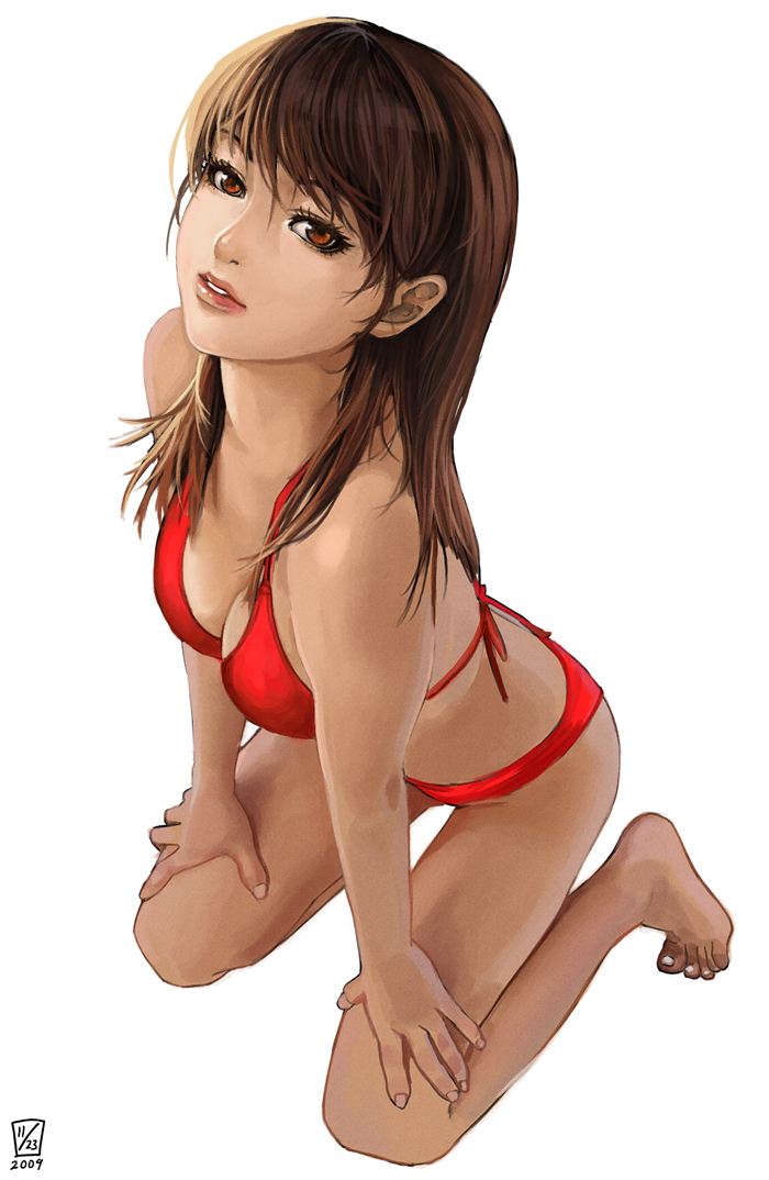 bad_id bad_pixiv_id bikini brown_eyes brown_hair hands kneeling lieqi_hun lips long_hair looking_up original realistic simple_background solo swimsuit