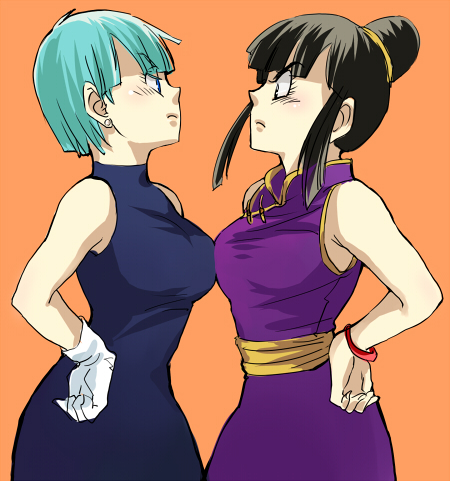 angry bad_id bad_pixiv_id black_eyes black_hair blue_eyes blue_hair breast_contest breast_press breasts bulma chi-chi_(dragon_ball) confrontation dragon_ball eye_contact face-to-face gloves large_breasts looking_at_another lowres multiple_girls pinki_(shounenkakuseiya) symmetrical_docking