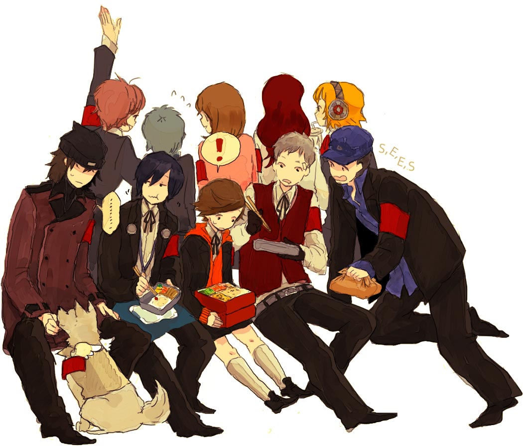 5boys 5girls aegis_(persona) amada_ken android animal aragaki_shinjirou armband back beanie dog everyone female_protagonist_(persona_3) food hat iori_junpei johnson kirijou_mitsuru koromaru lunchbox multiple_boys multiple_girls persona persona_3 persona_3_portable s.e.e.s sanada_akihiko school_uniform takeba_yukari trench_coat yamagishi_fuuka yuuki_makoto