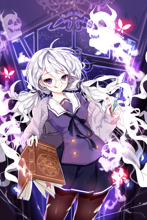 :q bad_id bad_pixiv_id black_skirt book brown_legwear bug butterfly cowboy_shot flask ghost glasses harin_0 hexagram insect long_hair original pantyhose purple_eyes purple_shirt round_eyewear school_uniform serafuku shirt skirt skull solo sweater tongue tongue_out twintails white_hair