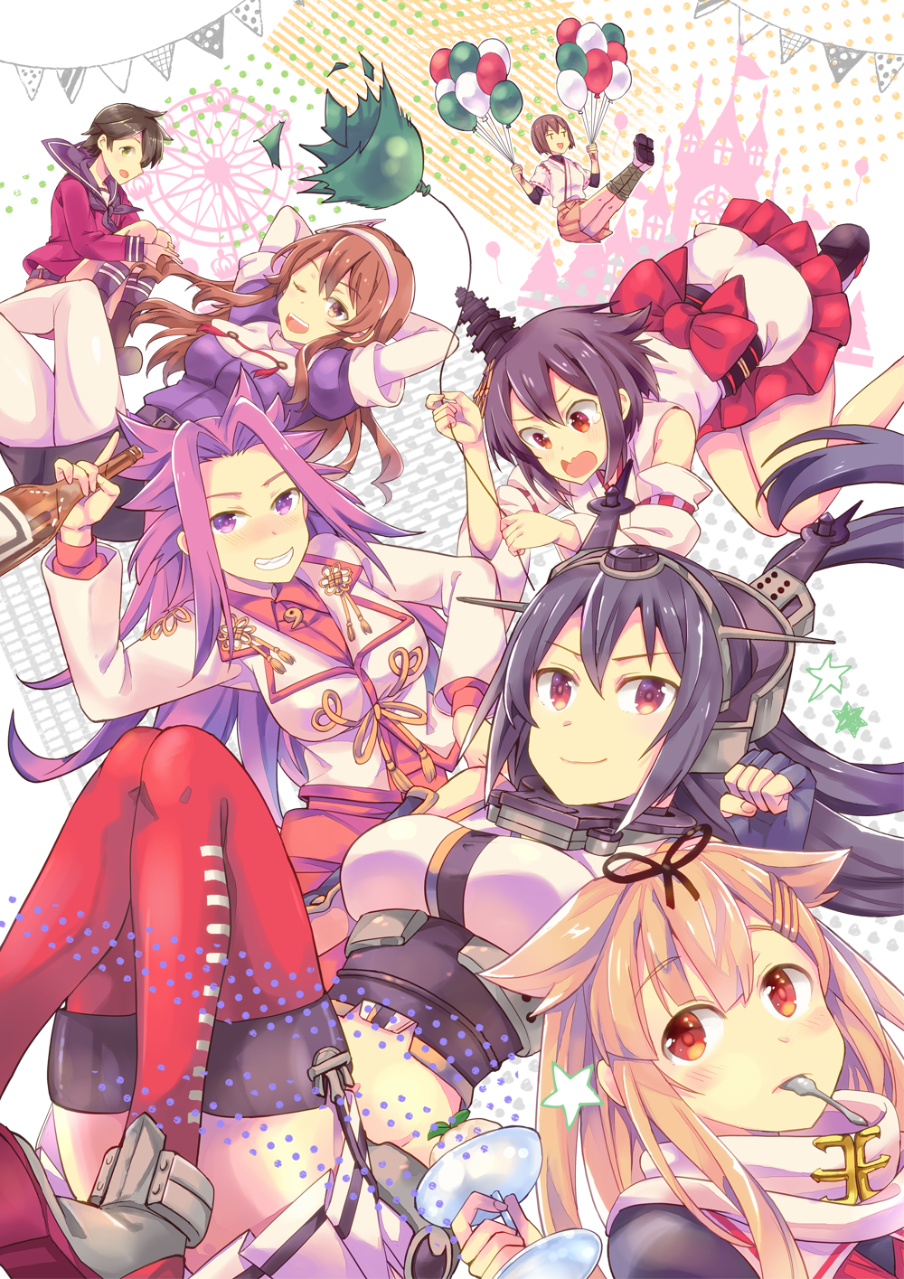 &gt;:) :&gt; ;) alcohol anchor arms_behind_head arms_up ashigara_(kantai_collection) balloon bangs bare_shoulders black_gloves black_hair black_serafuku blonde_hair blouse blush bottle breasts brown_eyes brown_hair castle cover cover_page detached_sleeves doujin_cover dress_shirt elbow_gloves ferris_wheel fingerless_gloves food gloves gradient_hair green_eyes green_hair hair_between_eyes hair_flaps hair_ornament hair_ribbon hairband hairclip hakama halter_top halterneck headgear highres holding hyuuga_(kantai_collection) ice_cream japanese_clothes jun'you_(kantai_collection) kantai_collection kneehighs large_breasts long_hair long_sleeves looking_at_viewer magatama mogami_(kantai_collection) multicolored_hair multiple_girls nagato_(kantai_collection) nontraditional_miko one_eye_closed open_mouth purple_eyes purple_hair red_eyes red_legwear remodel_(kantai_collection) ribbon scarf school_uniform serafuku shirt short_hair short_sleeves shorts skirt smile spiked_hair spoon spoon_in_mouth star straight_hair swept_bangs takitarou thighhighs undershirt v-shaped_eyebrows wavy_hair yamashiro_(kantai_collection) yuudachi_(kantai_collection) zettai_ryouiki |_|