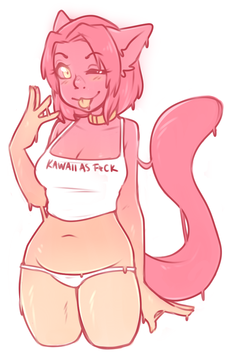 2015 blush cat cleavage clothed clothing english_text feline female glowing glowing_eyes goo gui_(character) hair mammal midriff navel one_eye_closed panties pink_body pink_hair shirt simple_background slime solo standing tank_top text three-quarter_portrait tongue tongue_out underwear white_background zyira