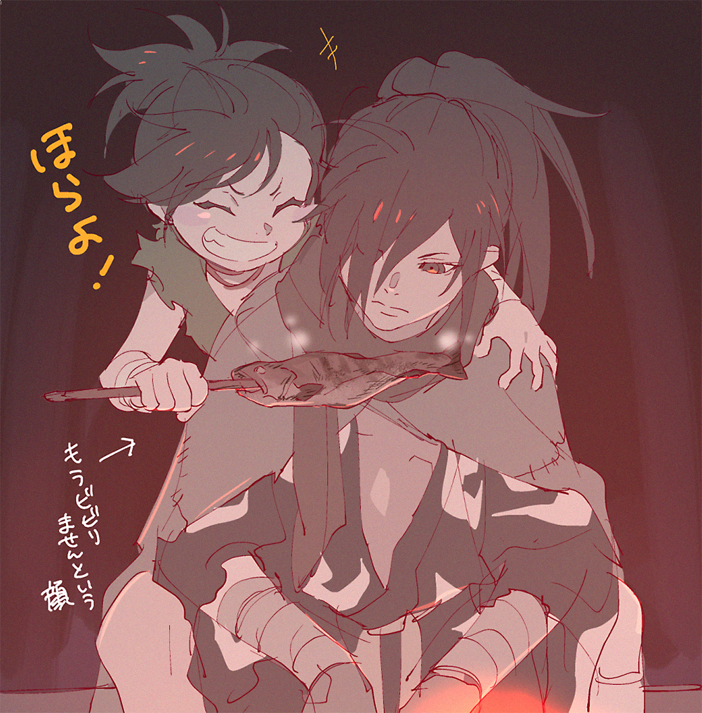 2boys campfire cloak dororo_(character) dororo_(tezuka) expressionless fish grin hyakkimaru_(dororo) japanese_clothes kimono kon_(kin219) multiple_boys night sitting smile