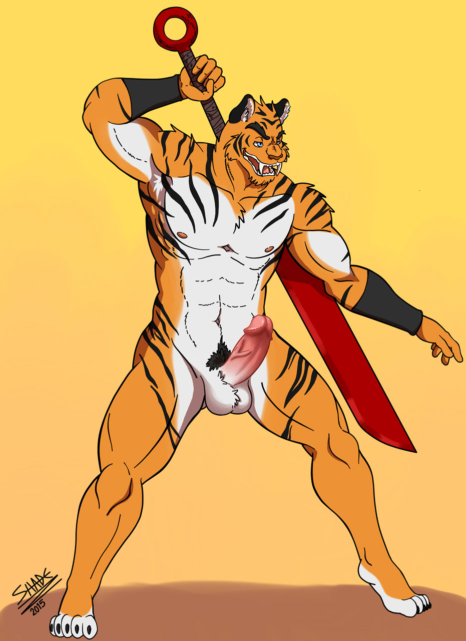 2015 abs anthro balls bue_eyes chest_tuft claws fangs feline fur male mammal manly melee_weapon muscular nude pecs penis pubes sabertooth_(disambiguation) shade_the_wolf solo stripes sword tiger tuft warrior weapon white_fur