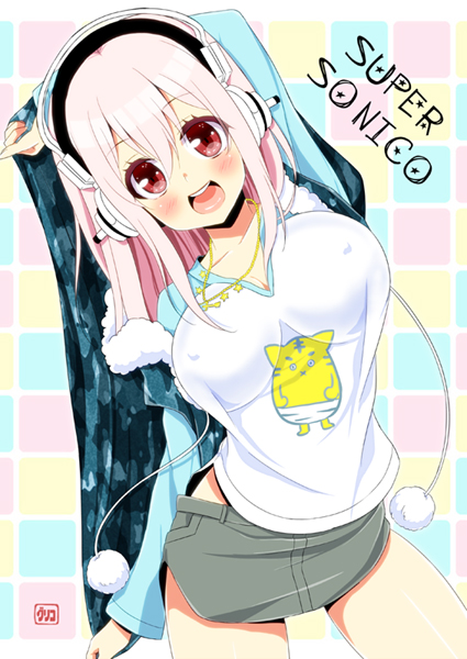 blush breasts commentary_request headphones large_breasts long_hair looking_at_viewer nitroplus open_mouth pengin_guriko pink_eyes pink_hair pom_pom_(clothes) smile solo super_sonico
