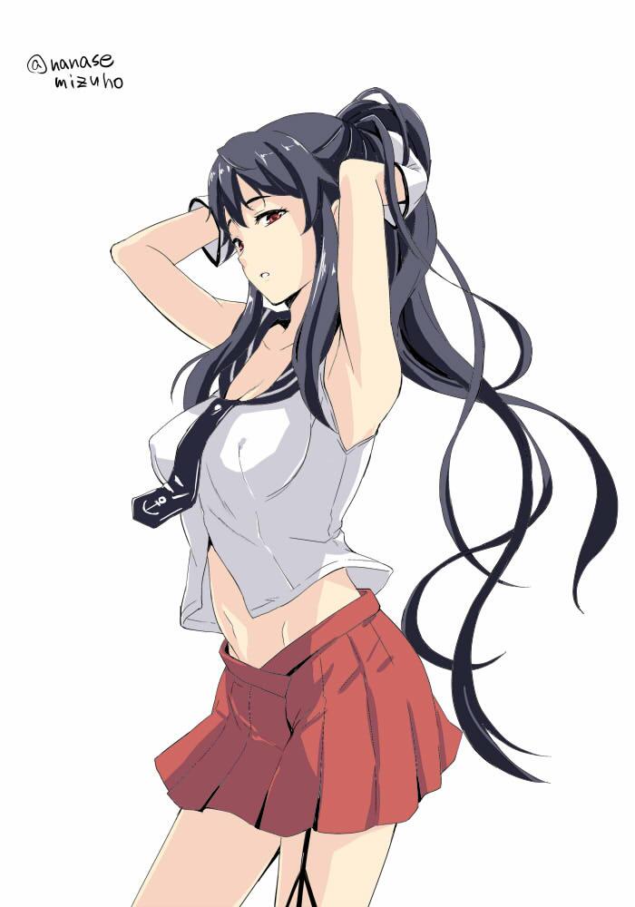 adjusting_hair armpits arms_up black_hair breasts garter_straps gloves groin kantai_collection large_breasts long_hair looking_at_viewer midriff miniskirt nanase_mizuho navel necktie open_mouth parted_lips pleated_skirt ponytail red_eyes red_skirt school_uniform serafuku skirt solo twitter_username very_long_hair white_background white_gloves yahagi_(kantai_collection)