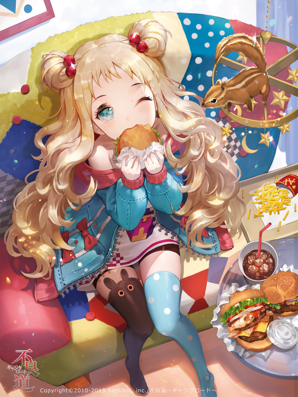 animal bare_shoulders bendy_straw bike_shorts black_legwear blonde_hair blue_eyes blue_jacket blue_legwear bow company_name couch cup disposable_cup double_bun dress drink drinking_straw eating food french_fries from_above furyou_michi_~gang_road~ hair_bobbles hair_ornament hamburger highres ice ice_cube indoors jacket long_hair long_sleeves looking_at_viewer looking_up mismatched_legwear no_shoes off_shoulder on_couch one_eye_closed open_clothes open_jacket polka_dot polka_dot_legwear print_dress shorts_under_dress sitting soda solo squirrel strapless strapless_dress thighhighs tob unzipped watermark wavy_hair zettai_ryouiki zipper