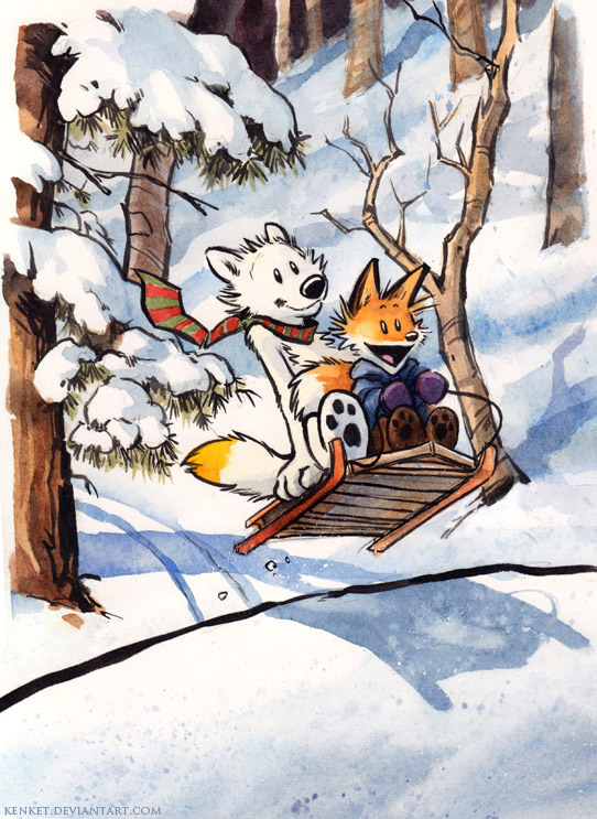 2015 ambiguous_gender anthro black_nose black_pawpads calvin_(c&amp;h) calvin_and_hobbes canine clothed clothing duo fox fur hair hobbes kenket mammal open_mouth orange_fur outside pants pawpads paws shadow shirt sled snout snow teeth white_fur