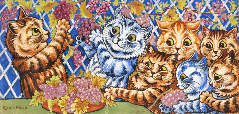 &gt;:3 ambiguous_gender blue_fur brown_fur cat detailed_background feline fruit fur grapes group holding leaf license_info louis_wain low_res mammal nude orange_fur painting_(artwork) public_domain semi-anthro signature smile traditional_media_(artwork) whiskers white_fur yellow_eyes