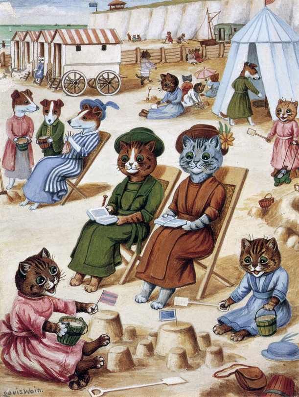 age_difference ambiguous_gender bag barefoot beach biped boat book brown_fur bucket canine cat chair cliff clothed clothing cub detailed_background digitigrade dog doll dress feline female floppy_ears flower fur green_eyes grey_fur group hat holding holding_book license_info louis_wain mammal multicolored_fur open_mouth outside painting_(artwork) paws plant public_domain reading rear_view sand_castle sculpture seaside semi-anthro shovel side_view signature sitting size_difference sky smile standing striped_topwear stripes sunny tan_fur tent three-quarter_view traditional_media_(artwork) two_tone_fur umbrella vehicle walking water wheel whiskers white_fur young