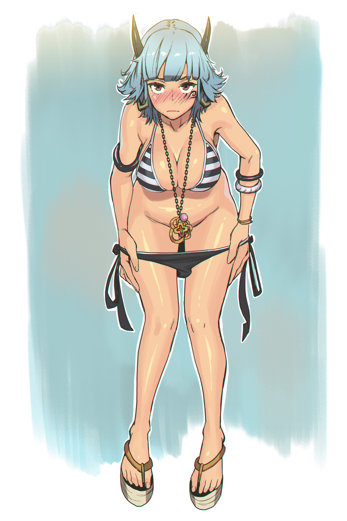 bad_id bad_pixiv_id bikini bikini_pull blade_&amp;_soul blue_hair blush breasts brown_eyes convenient_censoring harabacho_(gkfkqkch1) jewelry large_breasts leaning_forward looking_at_viewer necklace platform_footwear sandals solo striped striped_bikini swimsuit undressing