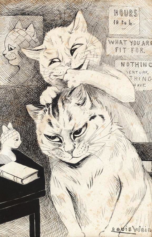 ambiguous_gender book cat detailed_background drawing duo english_text feline hand_on_head license_info louis_wain mammal pen_(artwork) phrenology public_domain sculpture semi-anthro signature sitting smirk standing table text traditional_media_(artwork) whiskers
