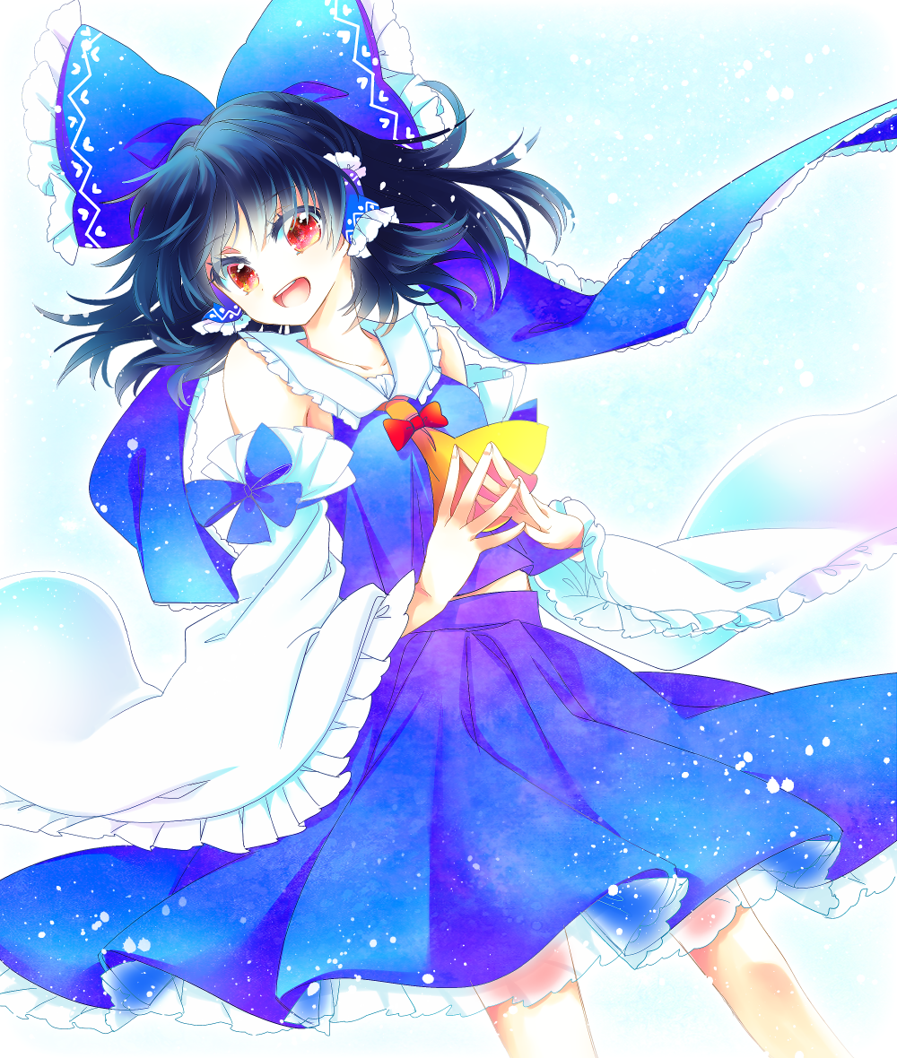 :d alternate_color ascot black_hair blue_bow blue_skirt bow detached_sleeves fingers_together frilled_sleeves frills hair_bow hair_tubes hakurei_reimu half_updo muzuki_uruu open_mouth player_2 red_eyes see-through short_hair skirt skirt_set smile solo touhou white_sleeves wide_sleeves