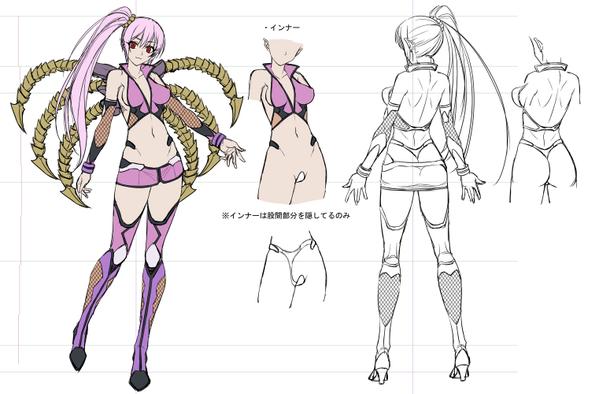 back character_request character_sheet concept_art female kagami_hirotaka lilith-soft monochrome nipples pink_hair ponytail saya_(taimanin_asagi) saya_neo smile taimanin_asagi taimanin_asagi_battle_arena translation_request