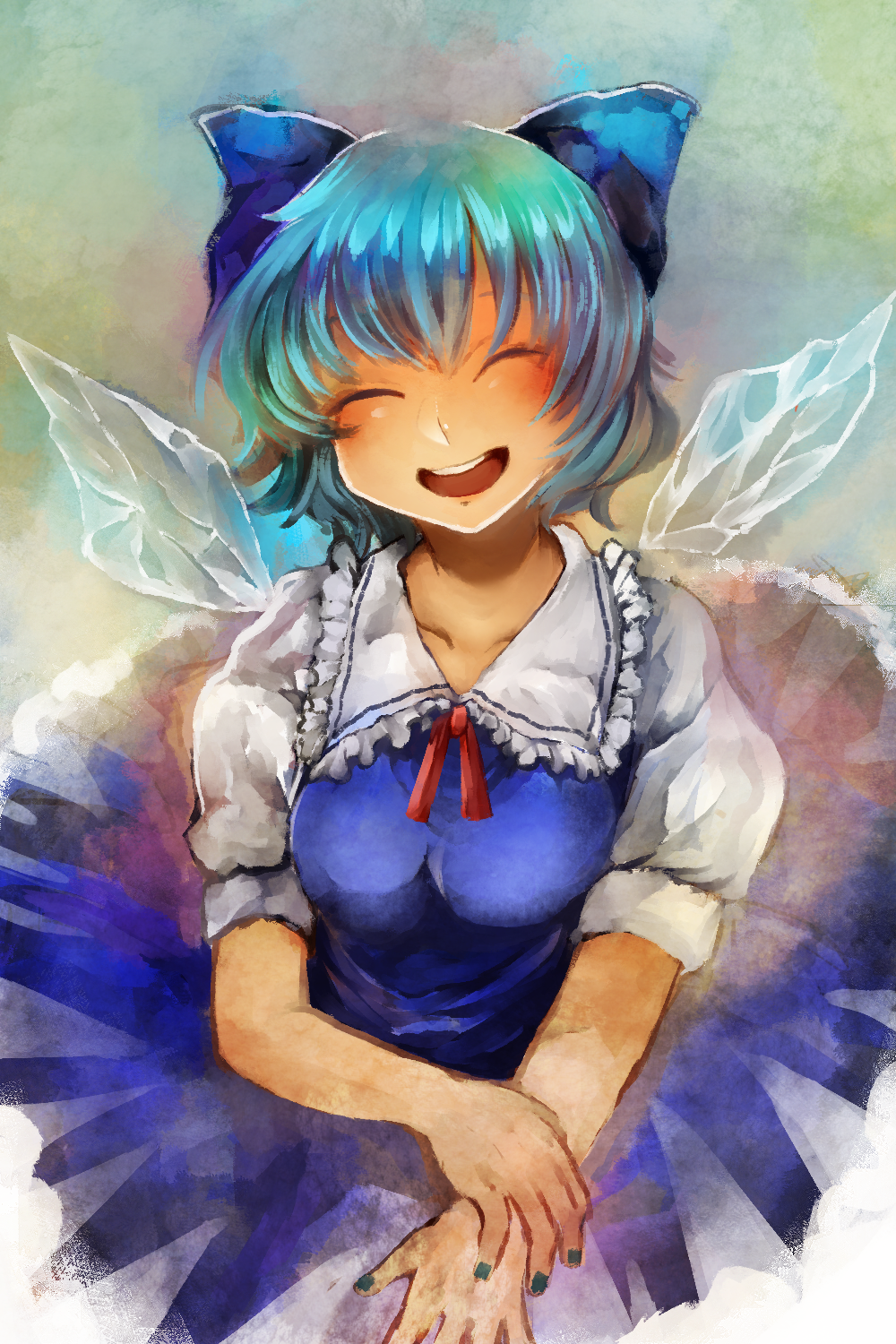 blue_bow blue_dress blue_hair bow cider_niko cirno closed_eyes dress hair_bow happy highres ice ice_wings nail_polish open_mouth round_teeth short_hair short_sleeves smile solo teeth touhou wings