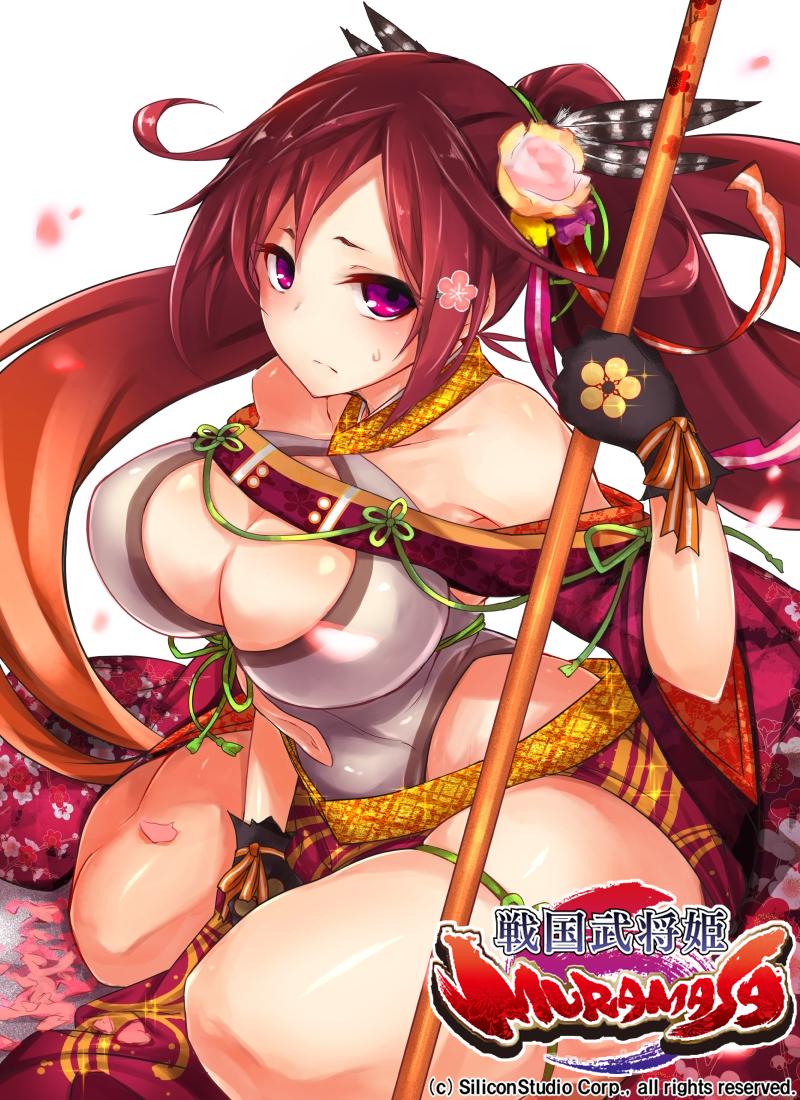 :/ bare_shoulders black_gloves blush breasts center_opening cleavage flower gloves hair_flower hair_ornament inayama japanese_clothes large_breasts long_hair looking_at_viewer maeda_toshinaga_(sengoku_bushouki_muramasa) midriff navel petals ponytail purple_eyes red_hair sengoku_bushouki_muramasa shiny shiny_skin solo staff sweat