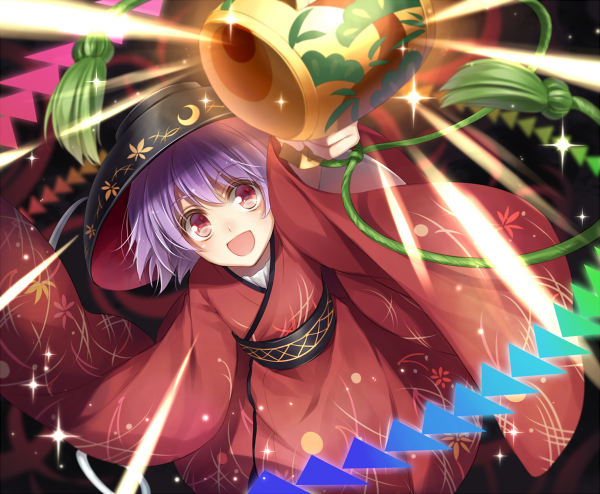 arm_up bowl hagiwara_rin japanese_clothes kimono long_sleeves miracle_mallet needle obi object_on_head open_mouth purple_hair red_eyes sash short_hair smile solo sparkle string sukuna_shinmyoumaru touhou wide_sleeves