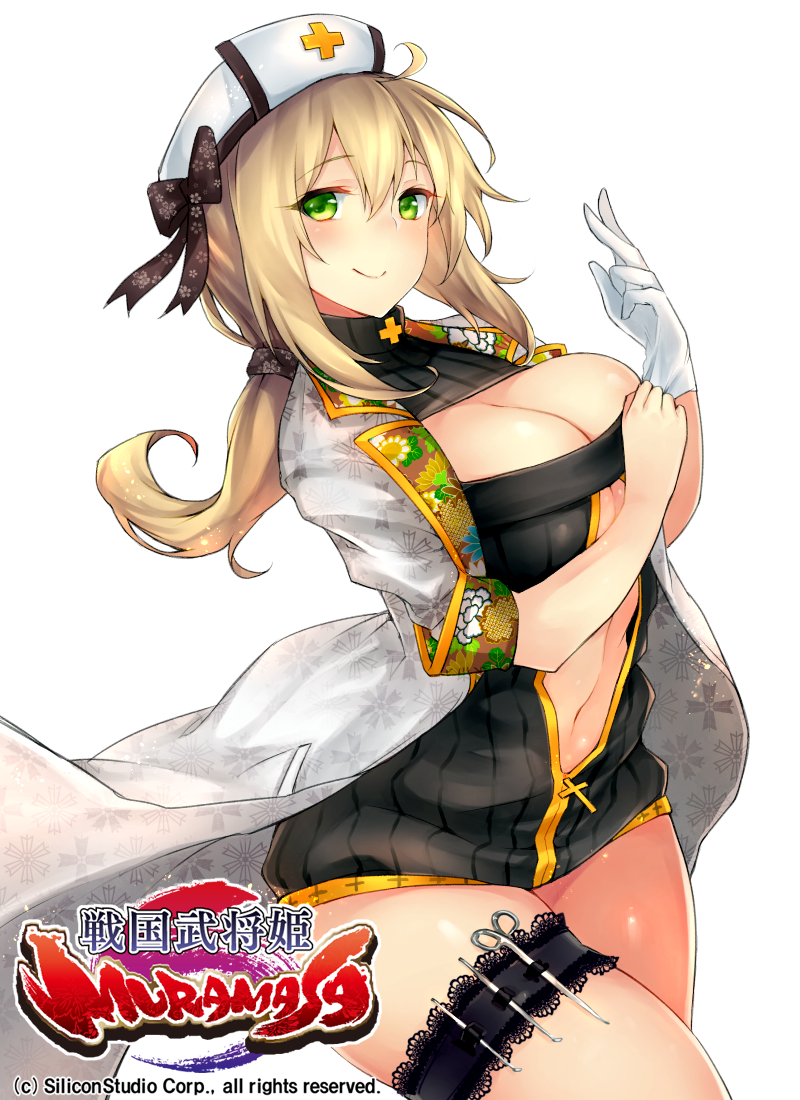 adjusting_clothes adjusting_gloves blonde_hair blush breasts cleavage cleavage_cutout cross floral_print gloves green_eyes hat holster inayama labcoat large_breasts long_hair looking_at_viewer luis_almeida_(sengoku_bushouki_muramasa) midriff navel ponytail scissors sengoku_bushouki_muramasa smile solo thigh_holster turtleneck white_gloves