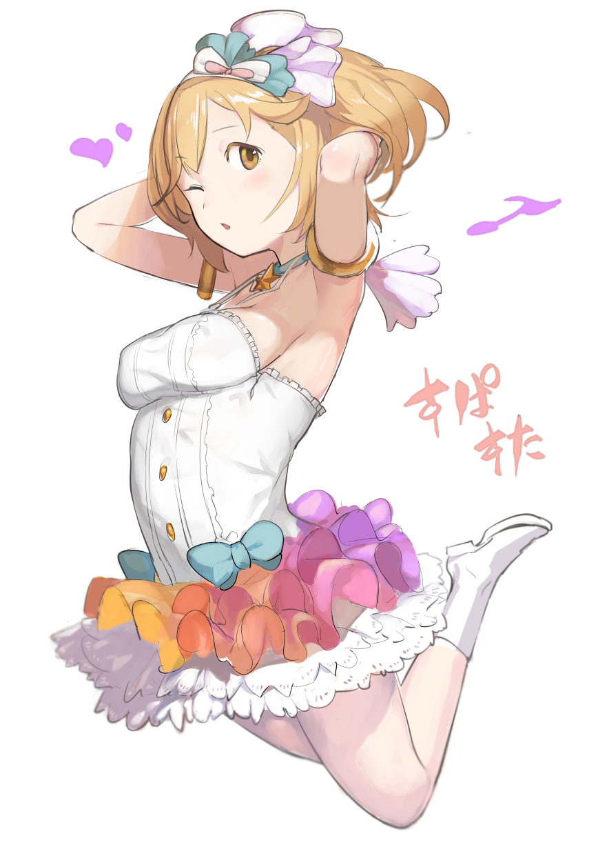 ;o alternate_costume armlet arms_behind_head blonde_hair blue_bow bow djeeta_(granblue_fantasy) full_body granblue_fantasy highres idol jewelry level.21 neck_ring one_eye_closed open_mouth shoes short_hair simple_background skirt solo star superstar_(granblue_fantasy) white_background white_footwear yellow_eyes
