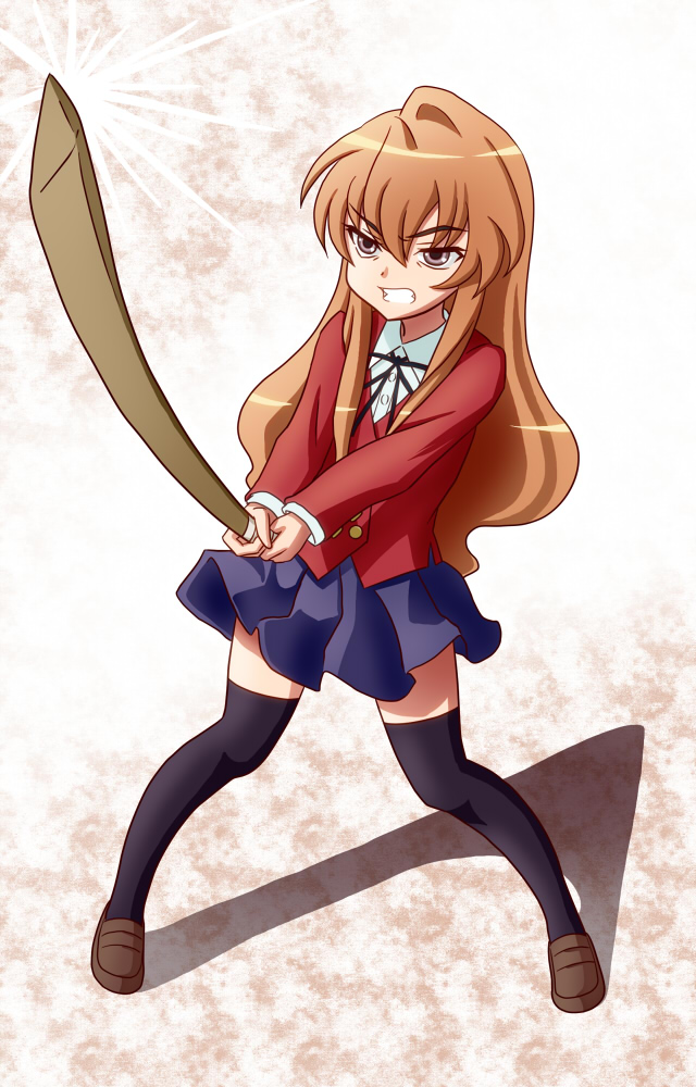 aisaka_taiga angry black_legwear bokken brown_eyes brown_hair chunpai clenched_teeth foreshortening loafers long_hair miniskirt neck_ribbon ribbon school_uniform shoes skirt solo sword teeth thighhighs toradora! upskirt v_arms weapon wooden_sword zettai_ryouiki