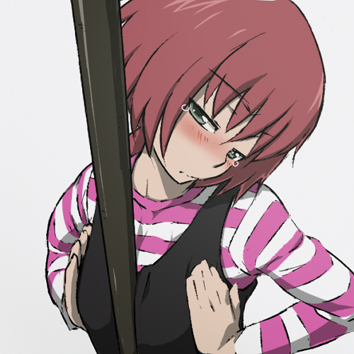 between_breasts blush breast_squeeze breasts darker_than_black green_eyes hands kanna_asuke lowres pole red_hair sexually_suggestive small_breasts solo striped suou_pavlichenko tears