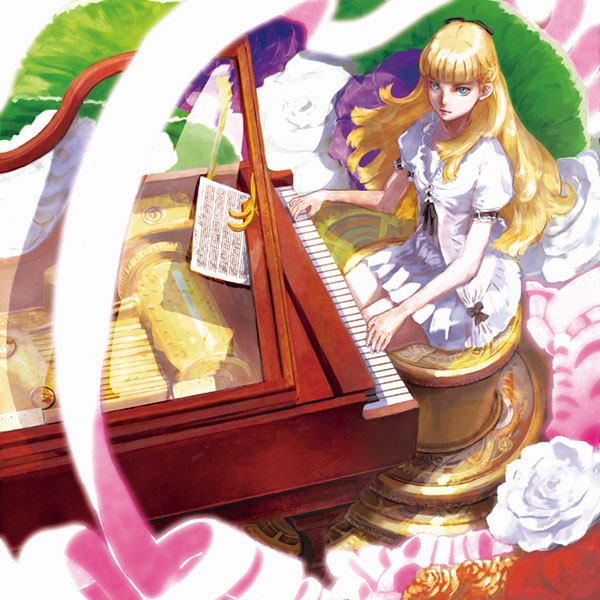 blonde_hair copyright_request dress flower from_above glass grand_piano green_eyes instrument long_hair looking_up music_box piano see-through sheet_music sitting solo tohru_k