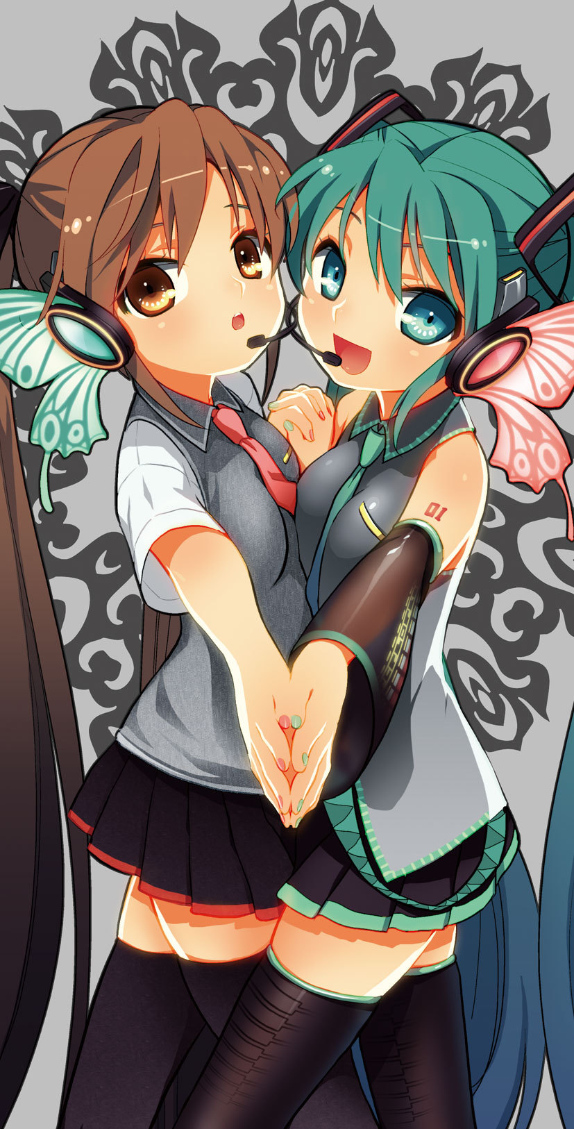 aqua_eyes aqua_hair breast_press breasts brown_eyes brown_hair butterfly_hair_ornament butterfly_wings commentary detached_sleeves dual_persona hair_ornament hatsune_miku headphones headset highres long_hair magnet_(vocaloid) mao_yu medium_breasts multiple_girls necktie open_mouth skirt smile symmetrical_docking symmetrical_hand_pose thighhighs twintails very_long_hair vocaloid wings zettai_ryouiki