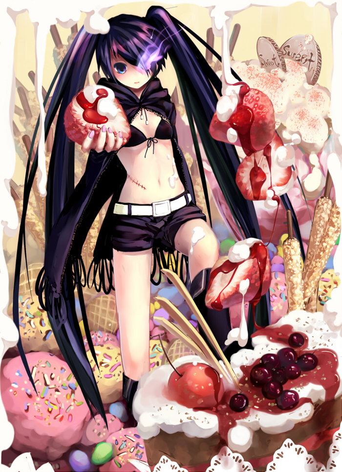 bikini_top black_hair black_rock_shooter black_rock_shooter_(character) blue_eyes boots burning_eye cake candy cherry cream doughnut expressionless food fruit hair_over_one_eye in_food long_hair looking_at_viewer midriff minigirl nail_polish navel pastry pink_nails sankusa scar shorts solo strawberry twintails very_long_hair