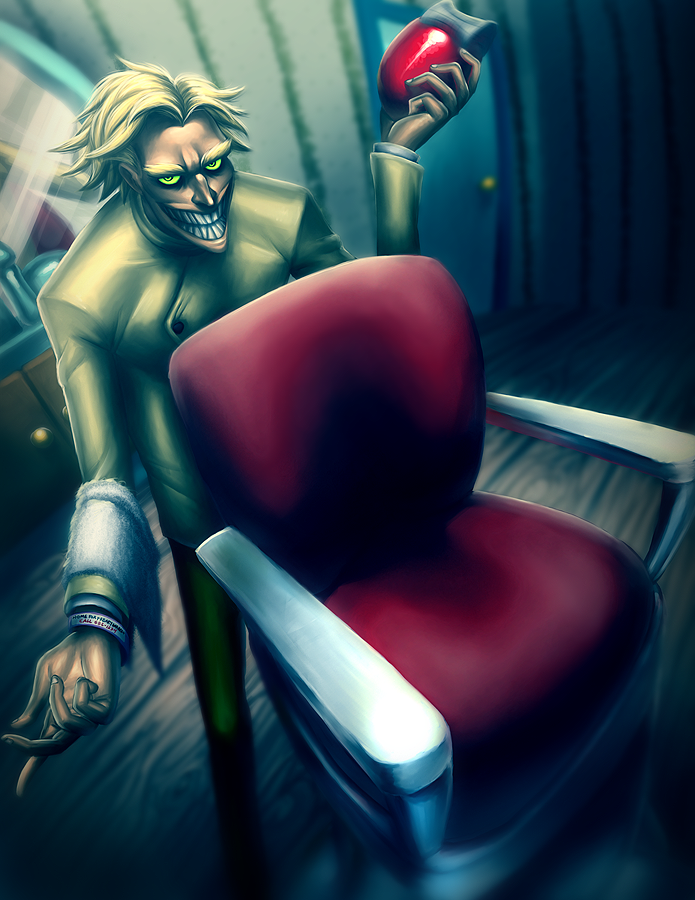 barber_chair blonde_hair chair courage_the_cowardly_dog electric_razor evil_grin evil_smile eyebrows freaky_fred green_eyes grin horror_(theme) male_focus pirate_cashoo smile solo teeth towel you_gonna_get_raped