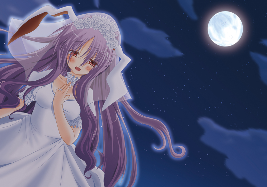 animal_ears blush bride bunny_ears dress hiiragi_yuu long_hair purple_hair red_eyes reisen_udongein_inaba solo touhou wedding wedding_dress