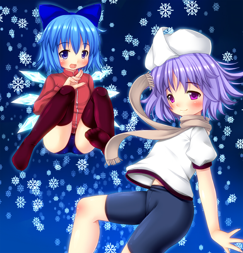 bad_id bad_pixiv_id bike_shorts blue_hair blush bow cirno hair_bow kuro_minamo letty_whiterock multiple_girls purple_eyes purple_hair scarf short_hair sweater thighhighs touhou wings