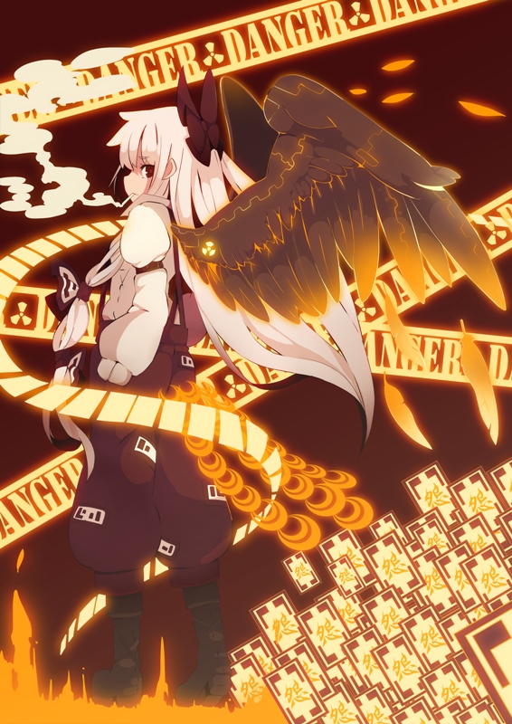 bad_id bad_pixiv_id black_wings boots bow caution cigarette english feathers fujiwara_no_mokou fusion fuurin_(omaemona) hair_bow long_hair pants radiation_symbol red_eyes reiuji_utsuho smoke smoking solo touhou white_hair wings