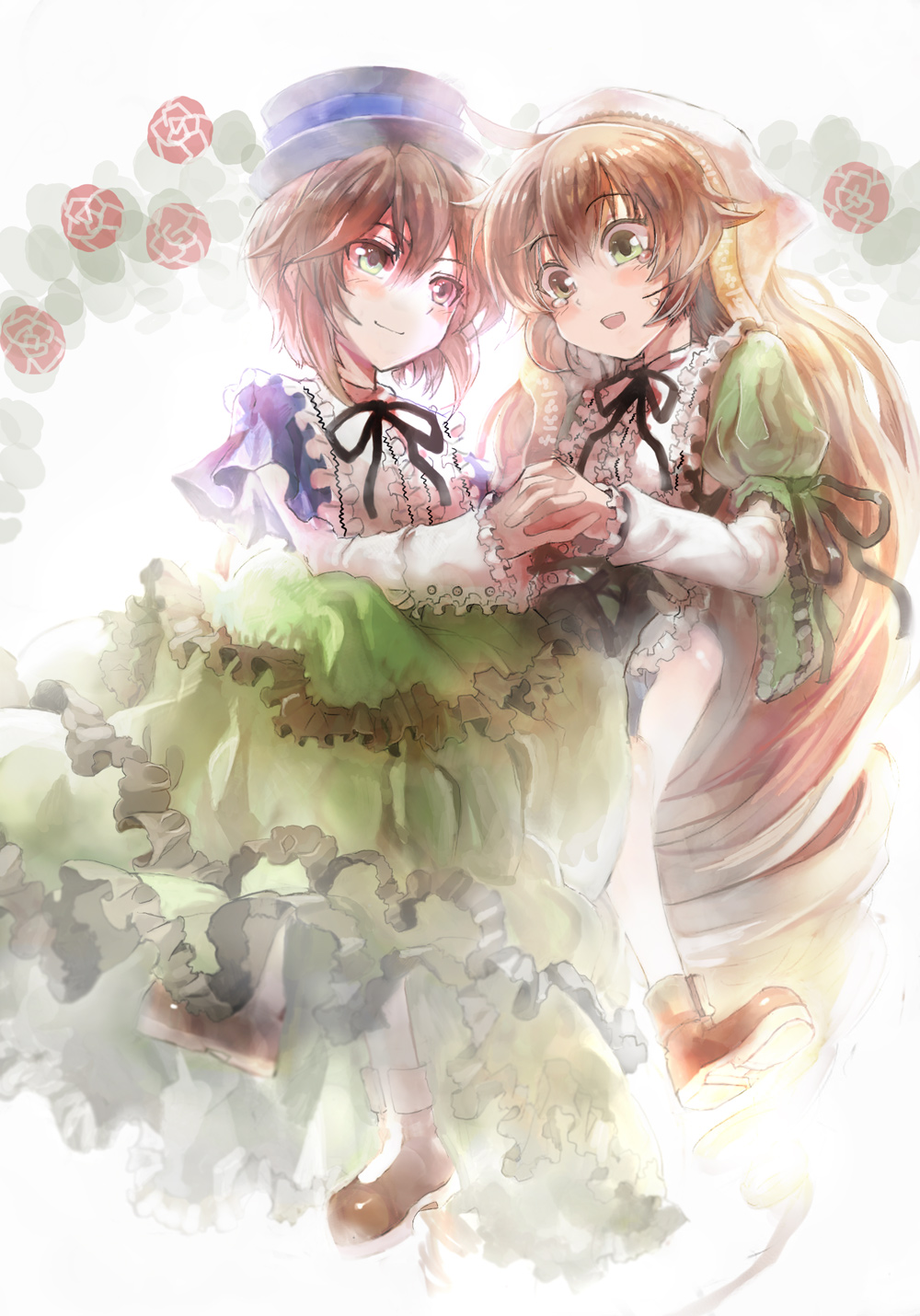 androgynous boots brown_hair dress frills gathers green_eyes hat headdress heterochromia highres holding_hands long_hair long_sleeves multiple_girls necktie red_eyes ribbon rozen_maiden short_hair siblings sisters sitting sitting_on_lap sitting_on_person smile souseiseki suiseiseki tears twins ultimate_asuka